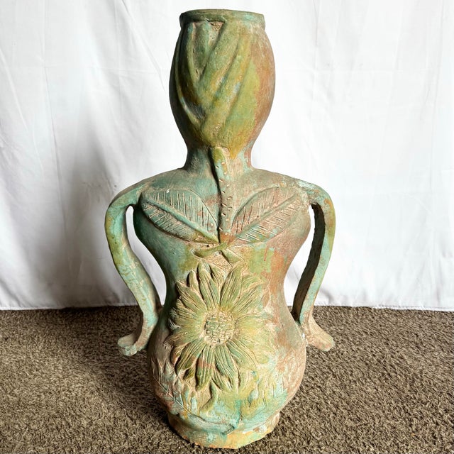 Vintage Sculpted Female Form Ceramic Vase With Sunflower and Leaf Motif For Sale - Image 4 of 9