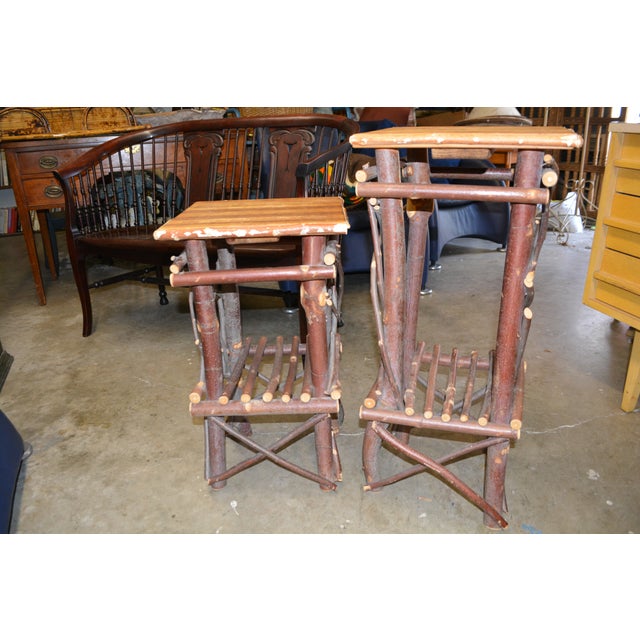 1980s Pair Adirondack Style Hand Crafted Twig Log Wood Plant Stands or End Tables For Sale - Image 9 of 17