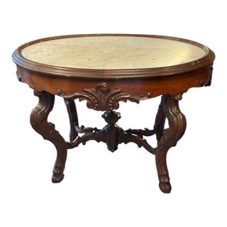 Antique Victorian Oval Inset Walnut Marble Top Parlor Center Table Stand For Sale