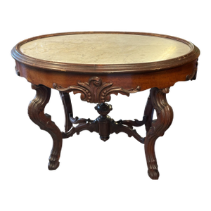 Antique Victorian Oval Inset Walnut Marble Top Parlor Center Table Stand
