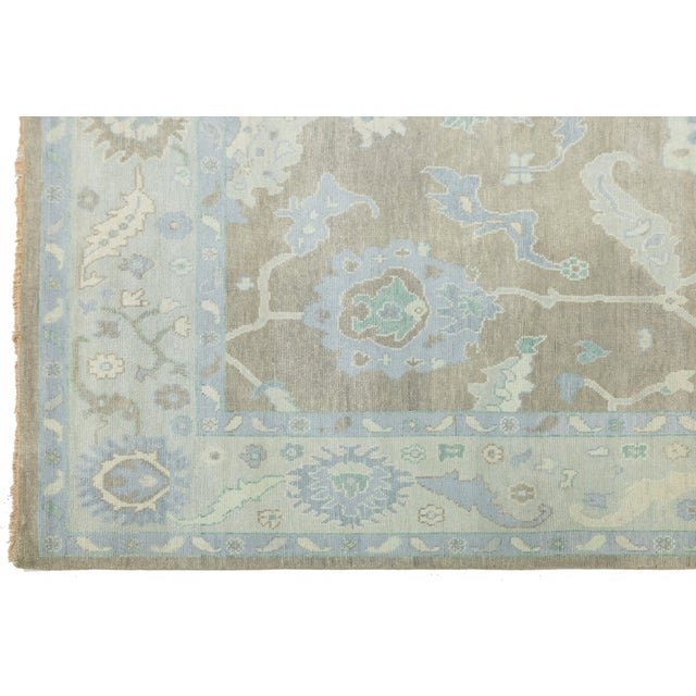 Modern Hand-Knotted Oushak Style Wool Rug in Muted Taupe, Soft Blue, and Seafoam For Sale - Image 10 of 12