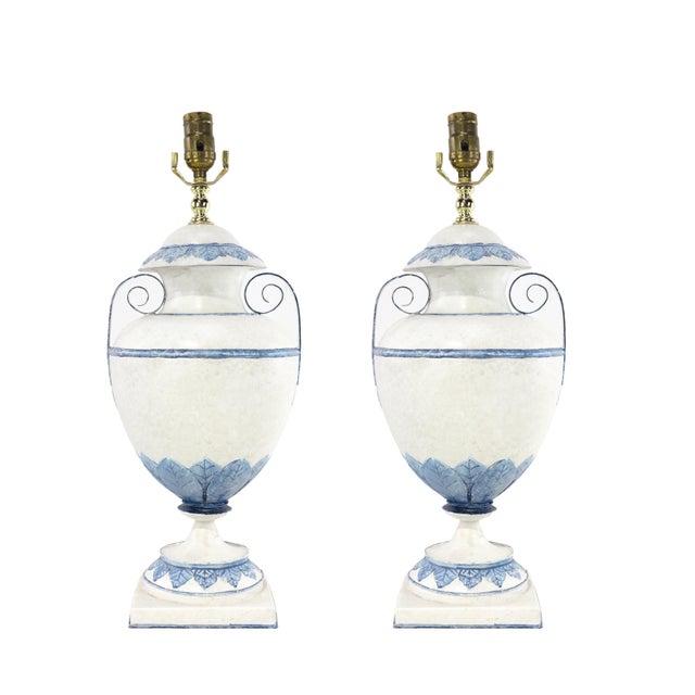 A Pair of Vintage Blue and White Metal Trophy Table Lamps. For Sale - Image 9 of 9