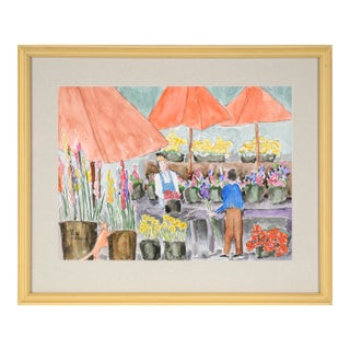 Flower Market Watercolor by Ken L. Stephens For Sale