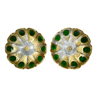 Vintage Pair of Bohemian Moser Style Dishes Etched Emerald & Gold Glass For Sale