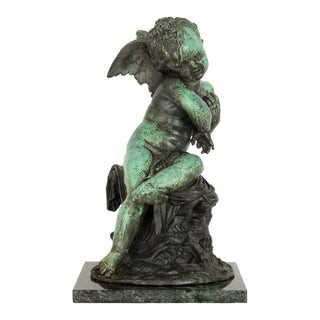 French Patinated Copper Sculpture of Seated Cherub After Charles Lemire For Sale