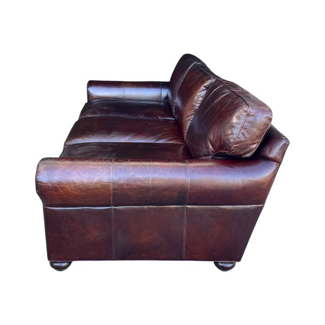 Restoration Hardware Medium Brown Leather Sofa With Feather-Filled Cushions For Sale In Los Angeles - Image 6 of 10