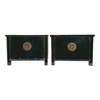 Pair of Vintage Chinese Chests / Night Tables : Vintage Wood Ebony Lacquer With Brass Hardware and Beautiful Patina For Sale