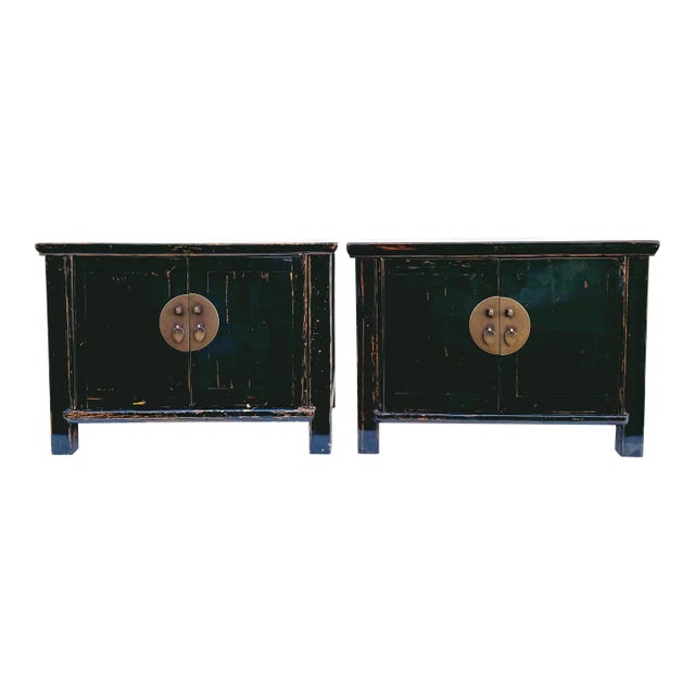 Pair of Vintage Chinese Chests / Night Tables : Vintage Wood Ebony Lacquer With Brass Hardware and Beautiful Patina For Sale