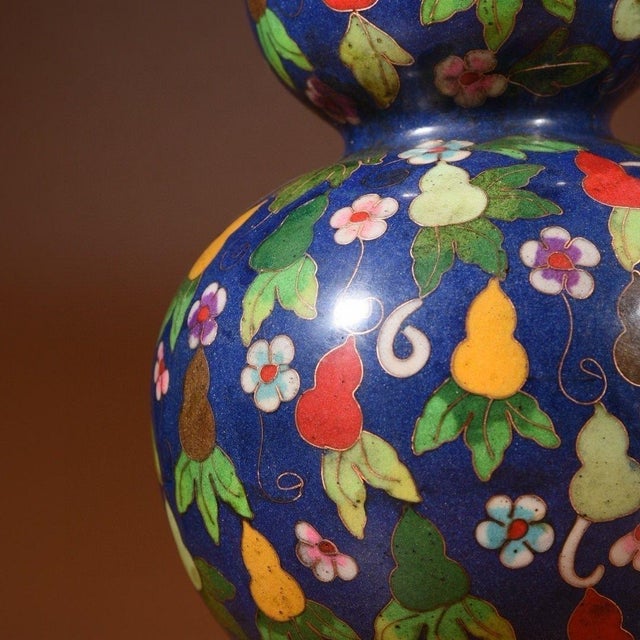 Metal Pair of Vintage Cloisonné Enamel Double-Gourd Vases – Fu Lu Shuang Quan For Sale - Image 7 of 9
