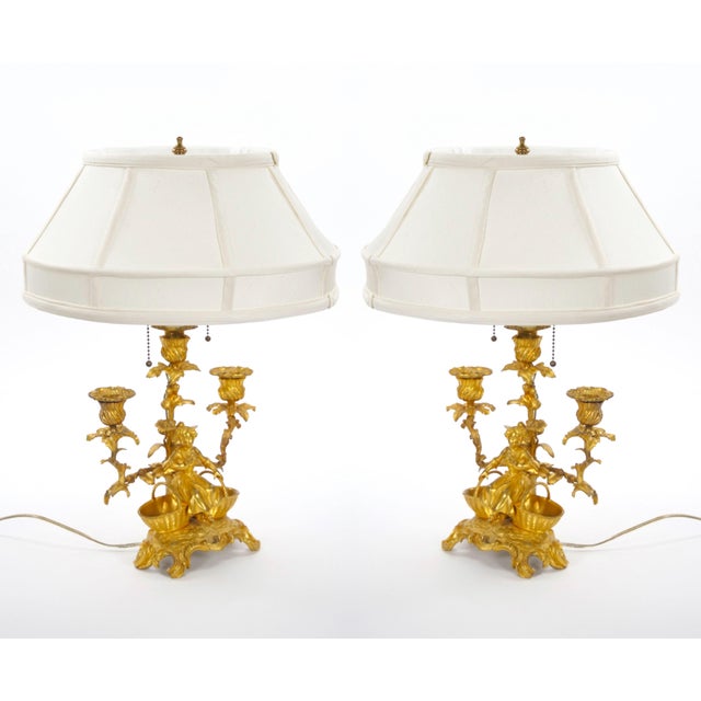 French Pair of Gilt Bronze Louis XVI-Style Three-Light Candelabra Table Lamps For Sale - Image 14 of 15