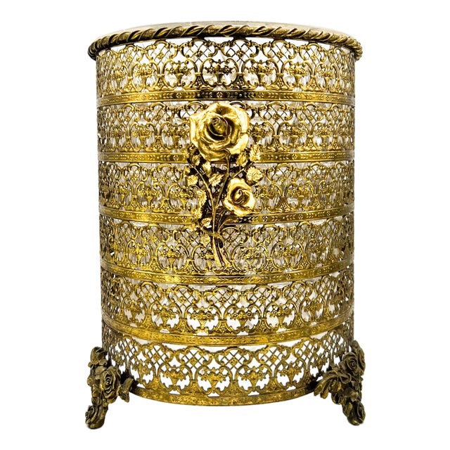Vintage Brass Filigree Wastebasket With Rose Motif & Acrylic Liner – Hollywood Regency / Romantic For Sale