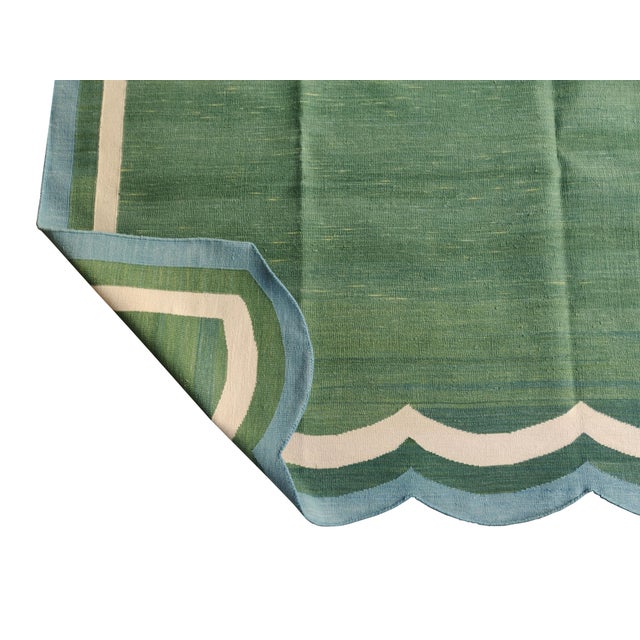 Mid-Century Modern Handmade Cotton Vegetable Dyed Rug, Scalloped Forest Green Dhurrie - 14'x16' For Sale - Image 3 of 12