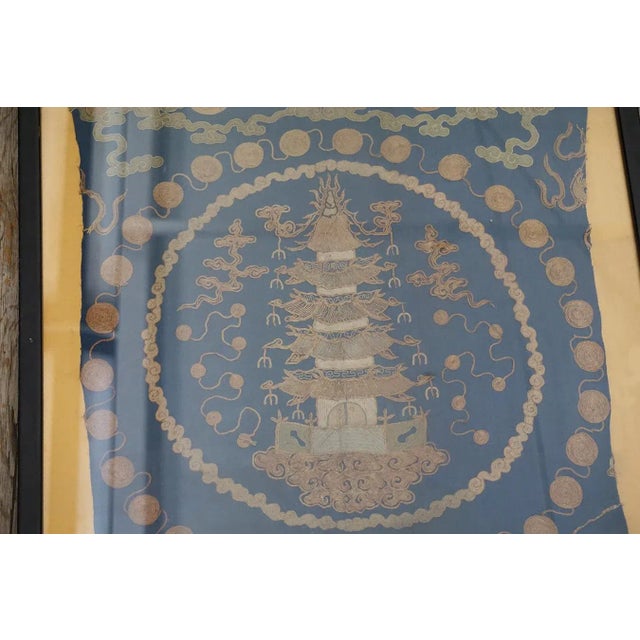 Early 19th Century 1800s Blue Scenic Architectural Antique Chinese Silk Embroidery 1'9"x 1'10" Flatweave Carpet Rug For Sale - Image 5 of 12