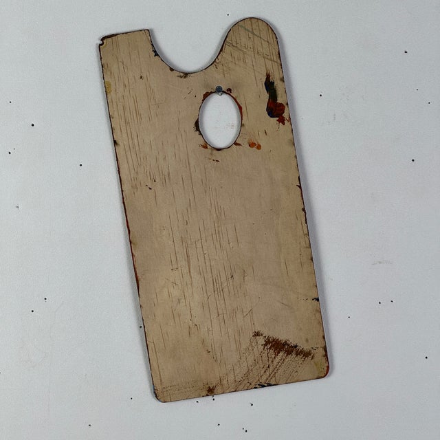 Vintage Artist's Elongated Painting Palette With Red Remnant Oil Paint For Sale - Image 4 of 4