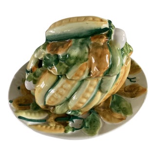 Vintage Vegetable Shape Covered Serving Dish Featuring Corn and Peas - Made in Italy For Sale