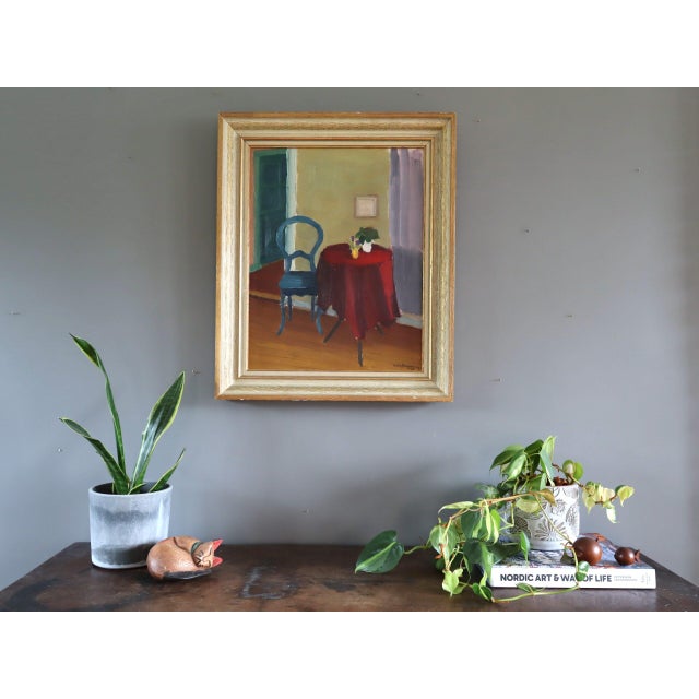 Mid-Century Modern 1950 Mid-Century Modern 'The Red Table' Swedish Original Interior Oil Painting, Framed For Sale - Image 3 of 11