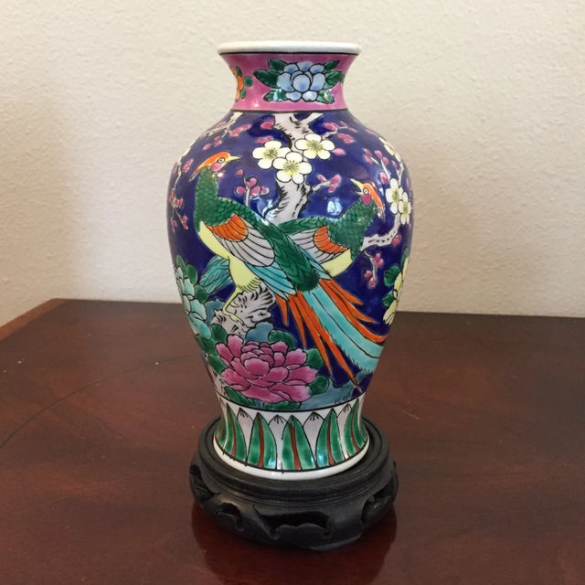 Ceramic Early 20th Century Japanese Painted Porcelain Vase With Wooden Base For Sale - Image 7 of 7