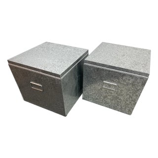 Muji Galvanized Tin Storage Cube + Side Tables, Pair For Sale