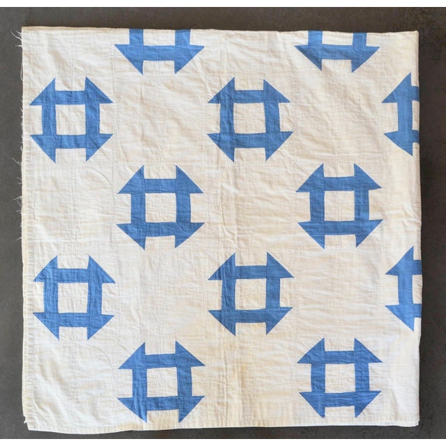 1920s Early 20th C Hand-Quilted Blue and White Churn Dash Quilt For Sale - Image 5 of 9