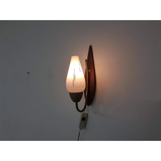 Glass and Wood Wall Lamp, 1950s, in Good conditions. Designed 1950 to 1959 European Plug (up to 250V).The wiring of this...