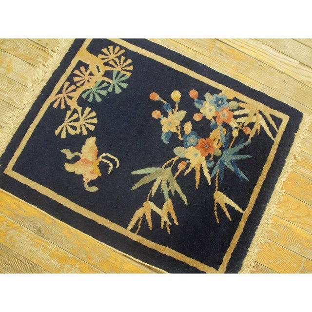 Textile 1920s Blue Foliate Antique Chinese Art Deco Rug 1'7'' X 2' Knotted Wool Carpet For Sale - Image 7 of 9