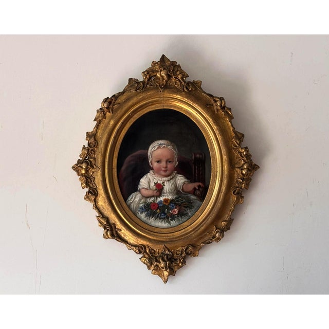 Victorian Artist, Baby Portrait with Flowers, Oil Painting, Framed For Sale - Image 10 of 10