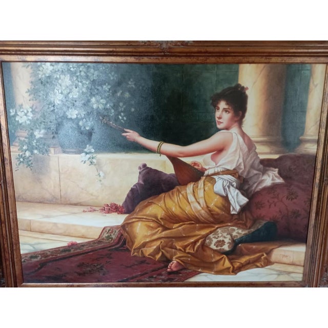1990s Large Original Regency Fine Art Studio Painting “Woman With Lute” by Talach – Framed 60 X 47 For Sale - Image 13 of 15
