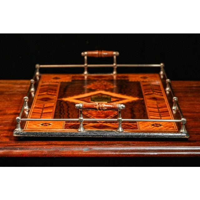 Exceptional High Quality Antique Marquetry Inlaid Wood World War I Militaria Presentation Serving Tray Barware Home Decor For Sale - Image 12 of 15