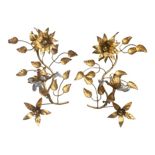 Vintage Italian Gilt Tole Candle Wall Sconces - Pair For Sale