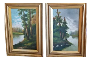 19c British Oils on Canvas of River and Forest Scenes - a Pair