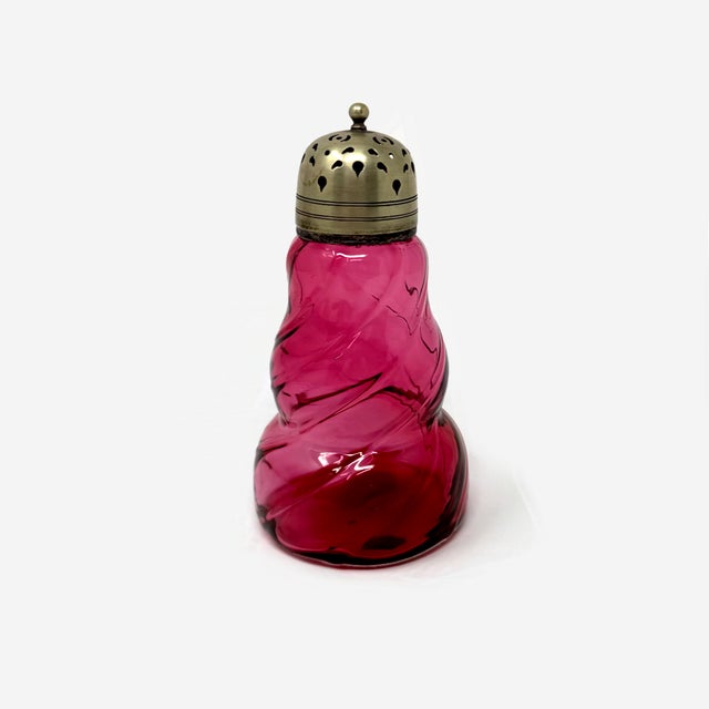 American Antique Eapg Cranberry Glass Sugar Shaker | Swirl Pattern Muffineer 5.5" For Sale - Image 3 of 8
