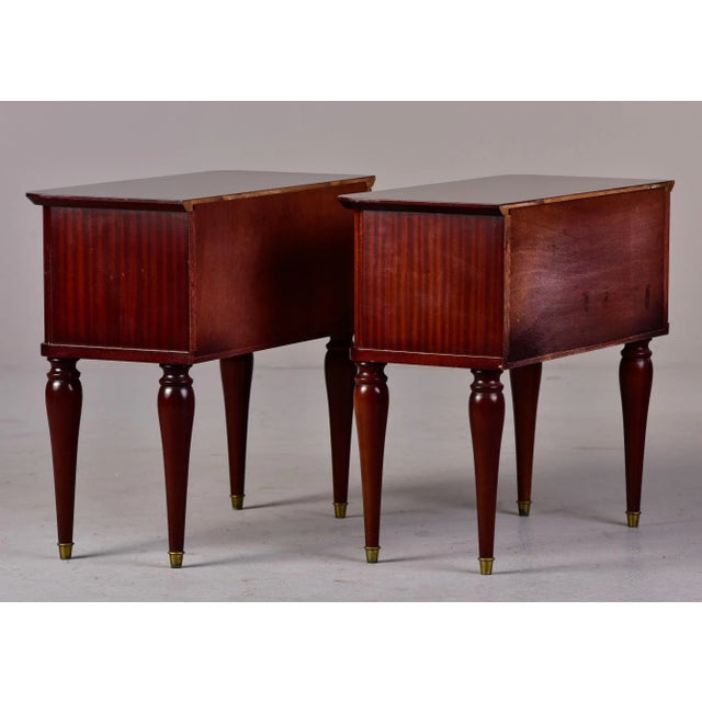 Wood Mid Century Italian Tiger Wood Bedside Chests With Brass Tipped Legs and Hardware - Pair For Sale - Image 7 of 13