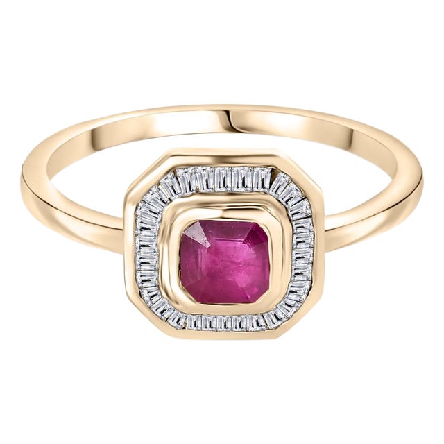 Asscher Cut Ruby Halo Diamond Wedding Ring in 14k Gold Size 6.5 For Sale