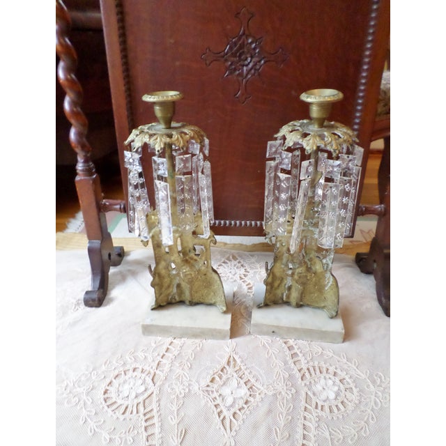 Antique Girandole Set Ornate Brass and Marble Candelabra With Crystal Prisms For Sale - Image 4 of 5
