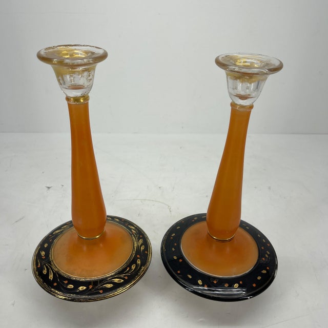 Glass 1930s Charles Schneider Style Art Deco Pressed Orange Glass Candlesticks - A Pair For Sale - Image 7 of 12