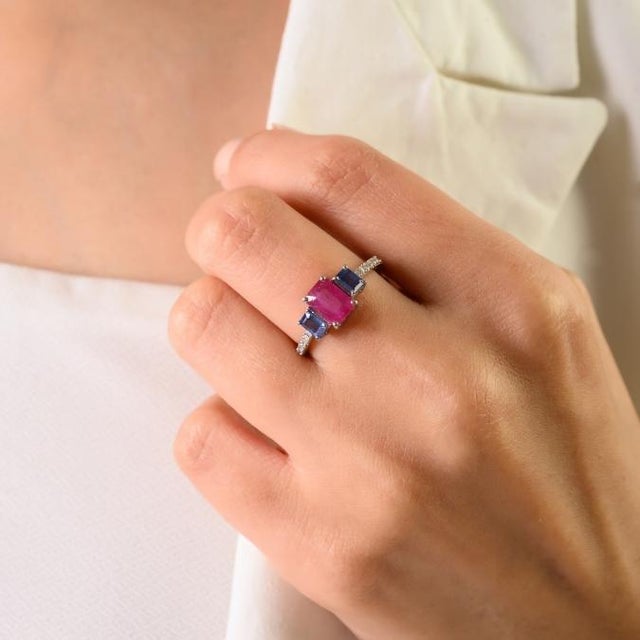 Art Deco Inspired Emerald Cut Ruby Sapphire & Diamond Ring Size 7 in 18k Gold For Sale In New York - Image 6 of 15