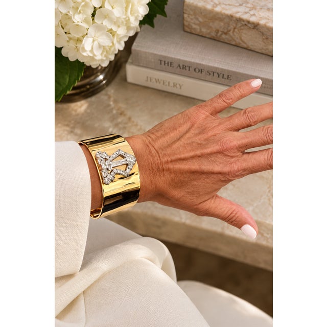 1930s Art Deco Diamond Platinum & 14k Gold Wide Marriage Cuff Bracelet For Sale - Image 14 of 15