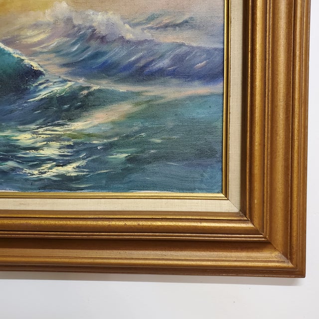 Wood Large Seascape Vintage Painting, Framed For Sale - Image 7 of 12