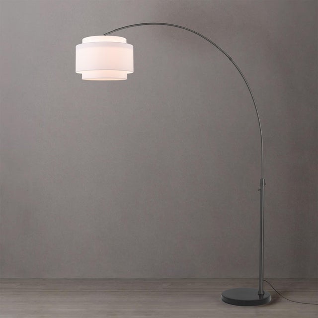 Nova Coronado 92 Inch Arc Lamp by Nova of California - Black Nickel Steel, Black Marble Base, White Linen Drum Shade - Peter Morelli 1960 Dimmable For Sale - Image 4 of 8