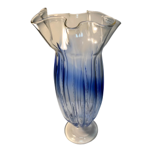Large Art Glass Blue Ombre Pedestal Vase