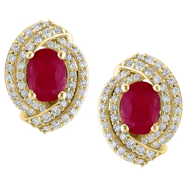 3.5 Carat Oval Natural Ruby & 1.2 Ct Diamond Stud Earrings 14 Karat Yellow Gold For Sale - Image 15 of 18