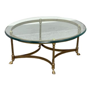 Vintage Hollywood Regency Brass Hoof + Glass Coffee Table For Sale