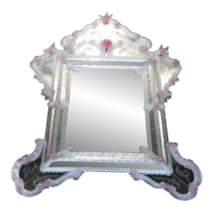Vintage Venetian Murano Mirror With Etched Glass and Pink Floral Details, Italy