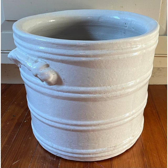 Ceramic American Art Pottery White Barrel Form Flower Pot Planter or Jardiniere For Sale - Image 7 of 12