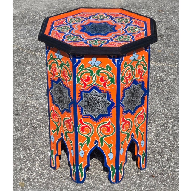 Orange Moroccan Hand-Painted Accent Table For Sale In Orlando - Image 6 of 6