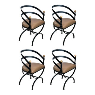 1950s Stylish Set of Four Wrought Iron Barrel-Back Curule-Form Chairs For Sale