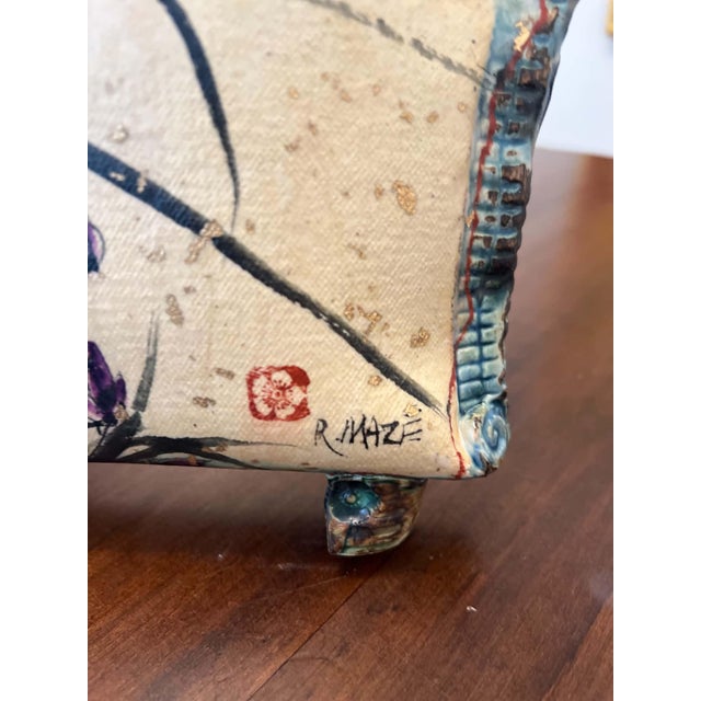 Hand-painted ceramic vessel by R. Maze, dated 2012 and titled "Orchids and Rocks". Unique shape with textured turquoise...