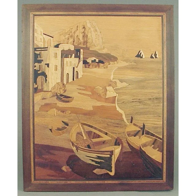 Vintage Marquetry Depiction of the Mediterranean Seaside with Fishing Boats For Sale In San Francisco - Image 6 of 6