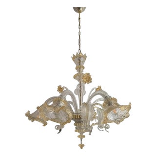 Venetian Murano-Style Glass Chandelier in Transparent and Gold with Flowers and Leaves by Simoeng For Sale