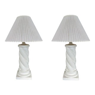 Vintage Post Modern Spiral Column Plaster Table Lamps With Pleated Shades- A Pair For Sale